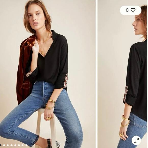 Anthropologie Porridge Aiden Black Roll Tab Sleeve Floral Detail NWT - Size 1X - Picture 1 of 9
